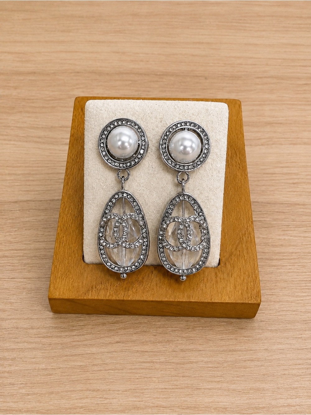 Silver-tone Pearl Drop Earrings with Crystal And CC Accents